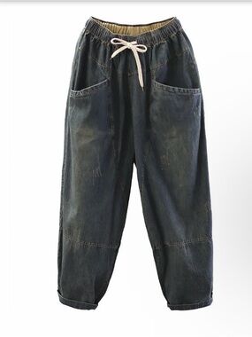 Elastic-Waist Barrel Distressed Denim Jeans 3X